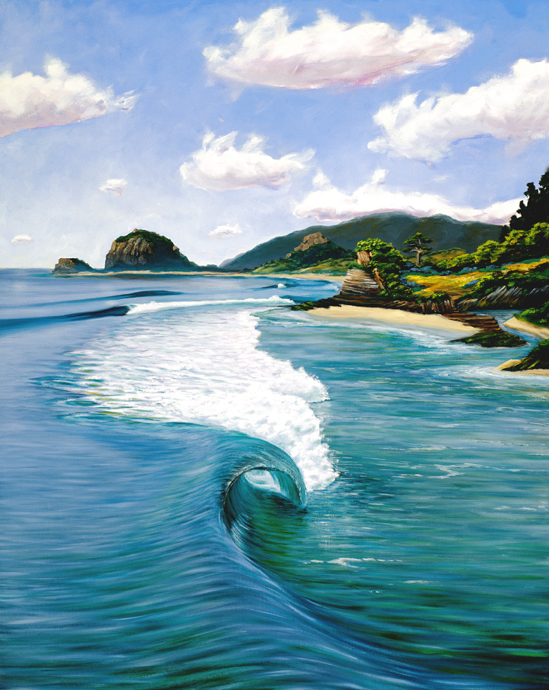 Coastal scene with waves, rocky shoreline, green trees, and distant hills under a partly cloudy sky.