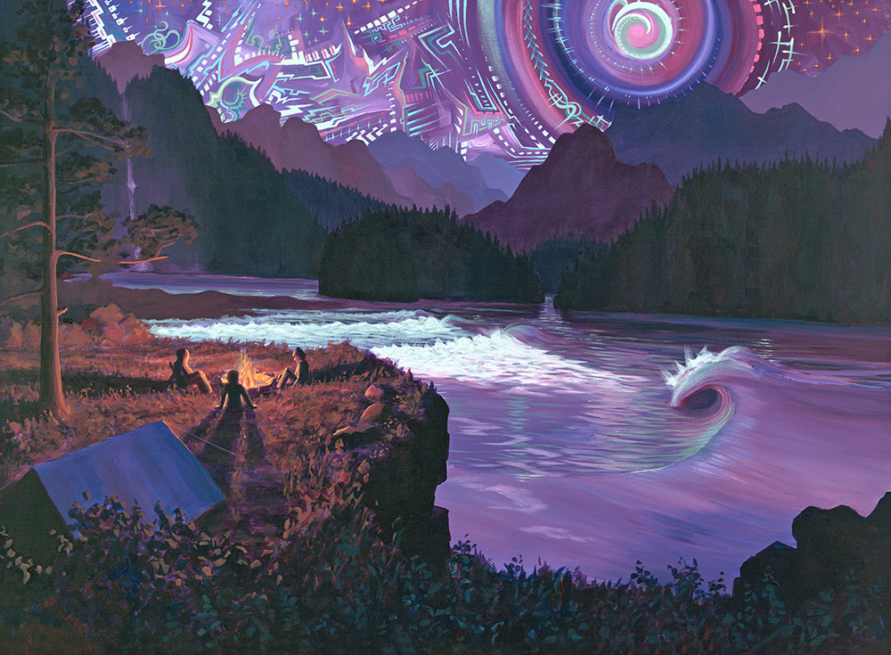 A river flows through a landscape with mountains and trees, under a colorful, swirling sky with abstract patterns.