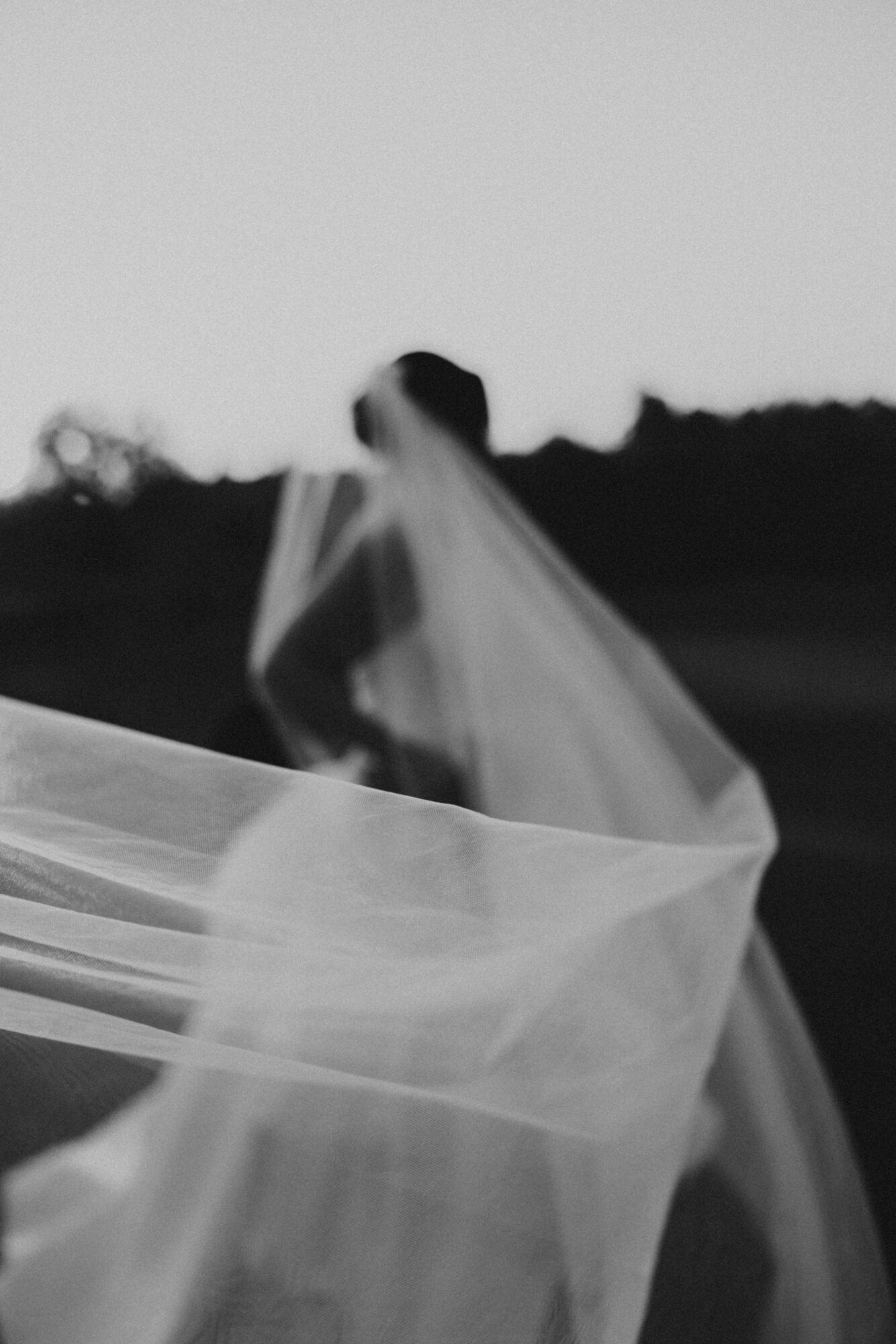 Silhouette of a person holding a flowing, semi-transparent fabric outdoors, with a blurred background and overcast sky.