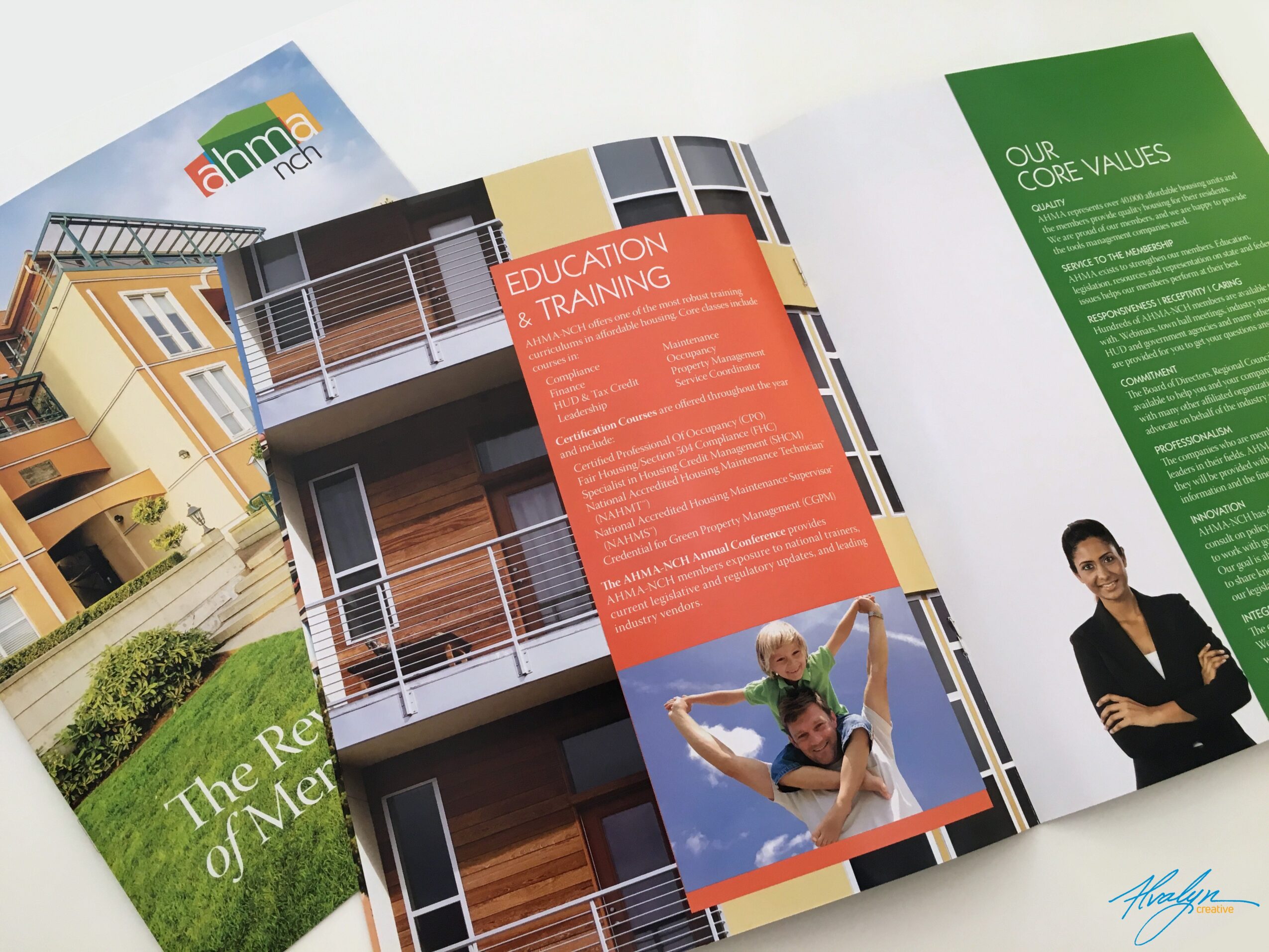 Open brochure with images of buildings, a person, and text about education training, on a white background.
