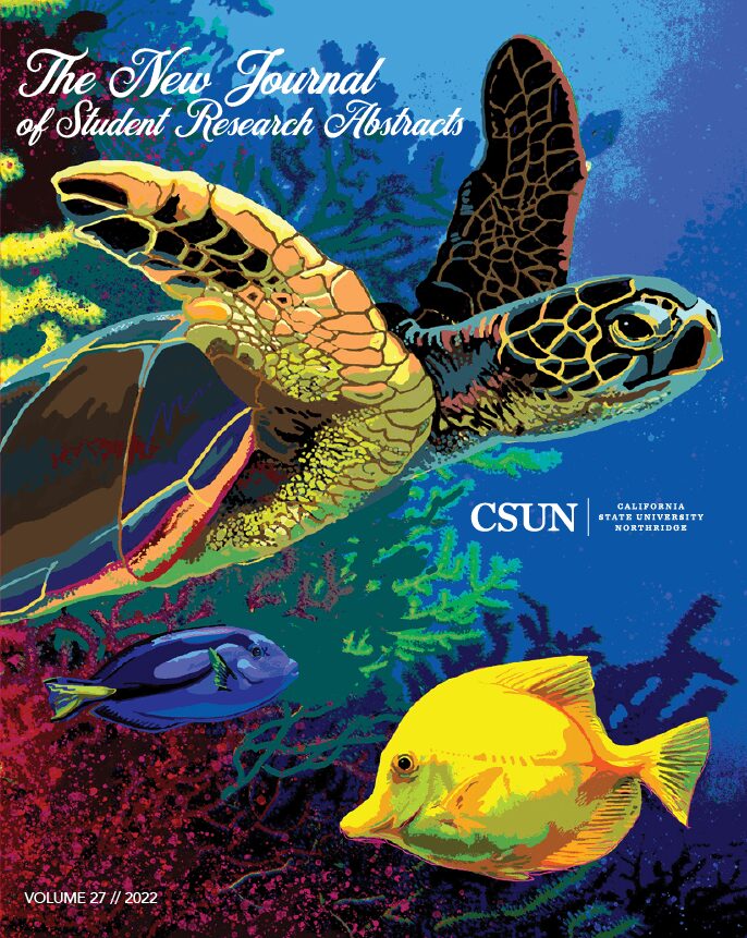 Colorful illustration of a sea turtle swimming with fish and coral, with text about a research journal and CSUN logo.