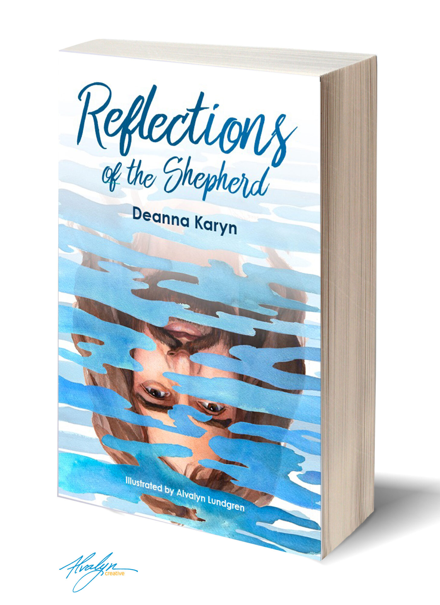 Book cover titled 'Reflections of the Shepherd' with a person's face partially obscured by blue water-like streaks.