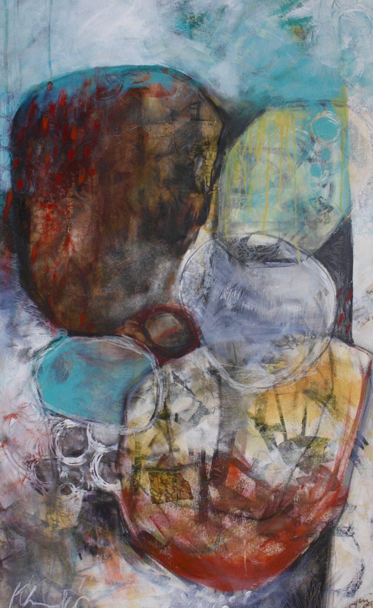 Abstract painting of a person with dark hair holding a white object, with colorful background and textured brushstrokes.