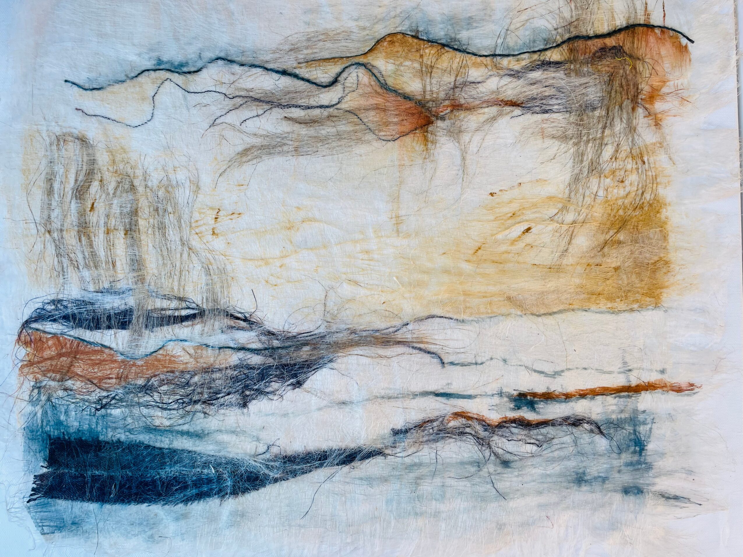 Abstract landscape with blue, orange, and beige colors, resembling water, land, and sky, with textured brushstrokes.