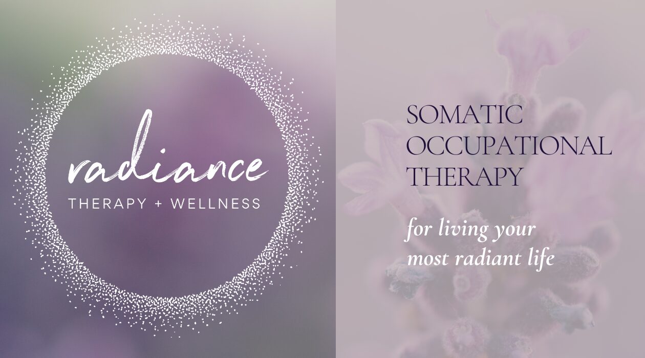 A logo with a purple circle surrounded by white dots, and text about somatic occupational therapy and radiant living.