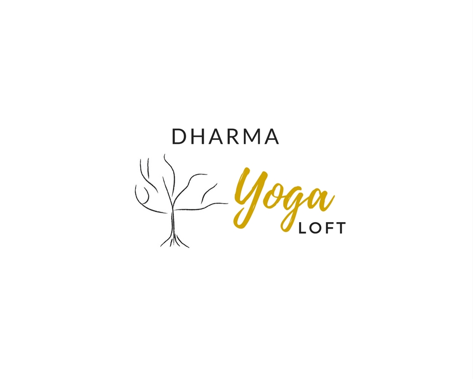 Logo with a tree illustration, text 'Dharma Yoga Loft' in black and gold, on a white background.