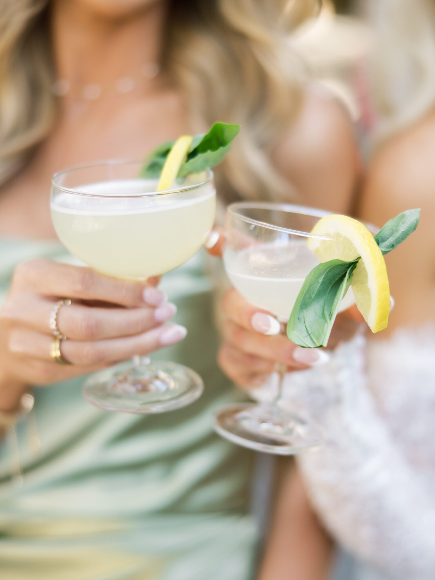 Two women hold cocktail glasses with lemon slices and green leaves, celebrating together.