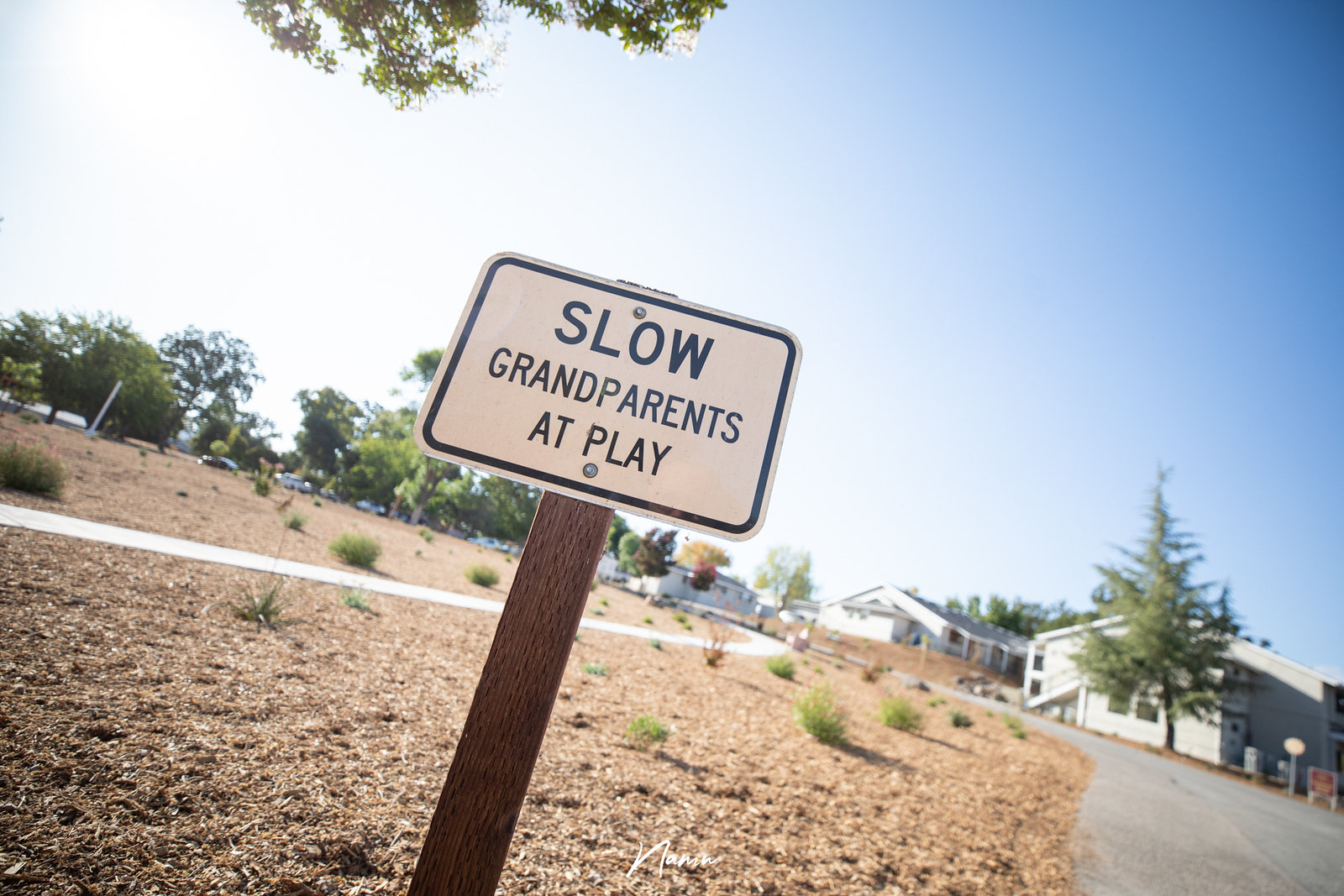 A sign reads 'SLOW GRANDPARENTS AT PLAY' in a park with trees and houses in the background.