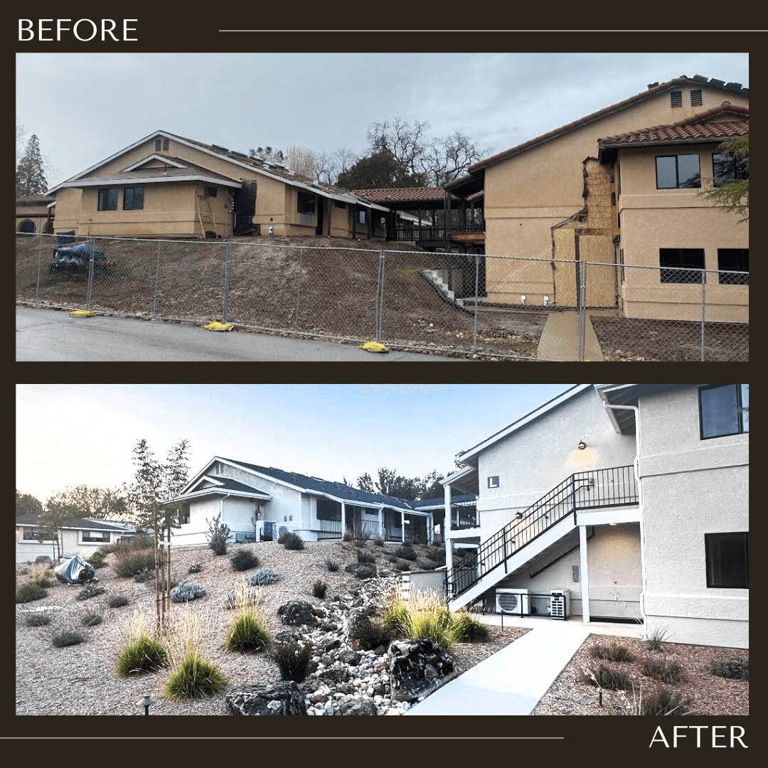 Comparison of a house before and after renovation, showing a change from an older, weathered exterior to a modern, clean look.