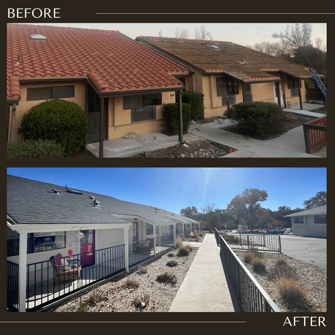 Side-by-side comparison of a building before and after renovation, showing roof and exterior improvements, with a walkway and landscaping.