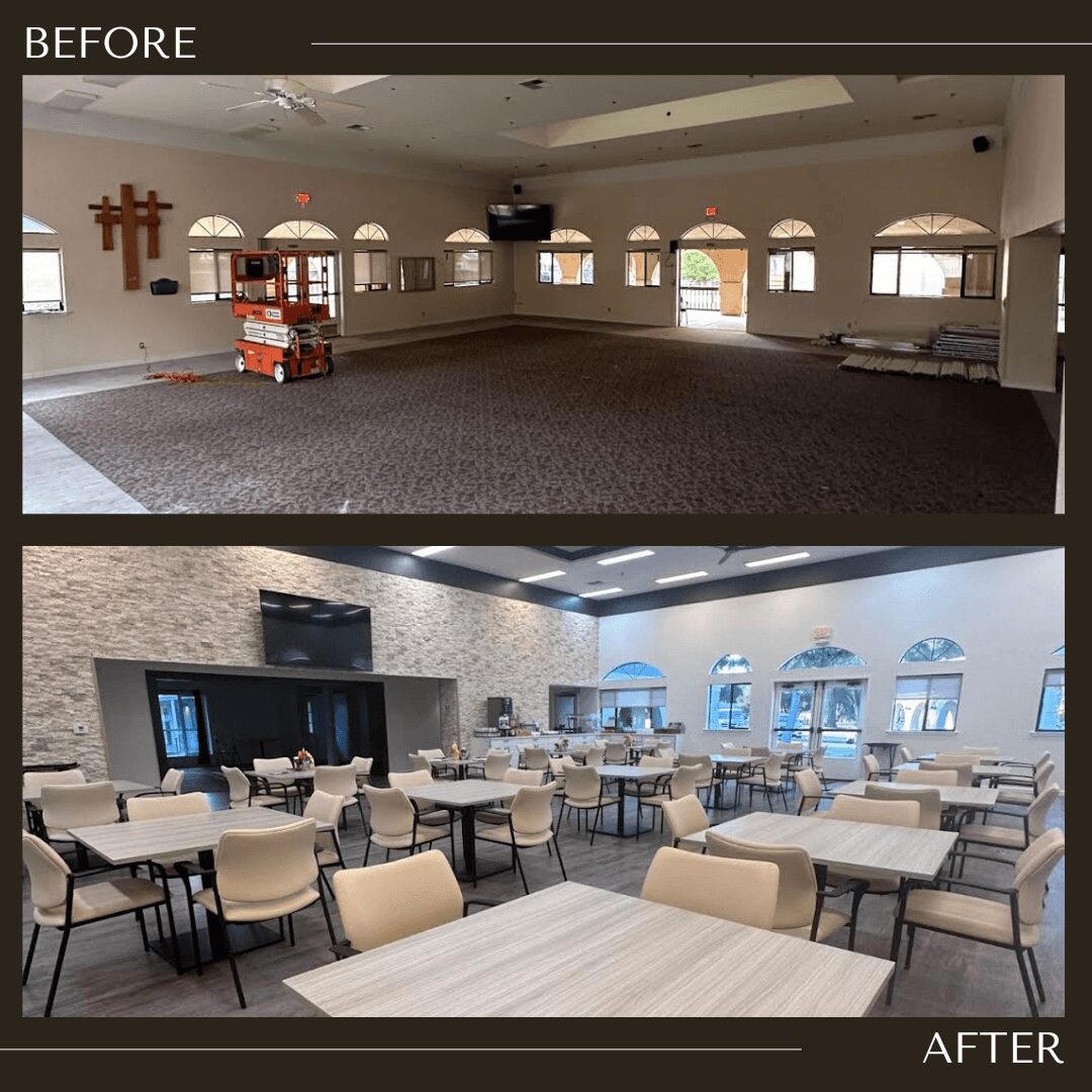 Large room with chairs and tables, windows, and a stage area, shown before and after renovation, with improved lighting and decor.