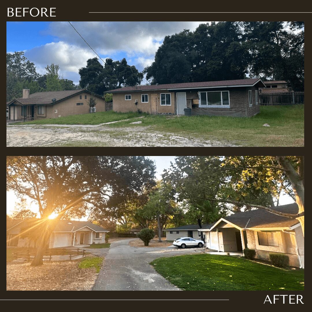 Side view of a residential neighborhood before and after landscaping, showing a change in lighting and yard appearance.