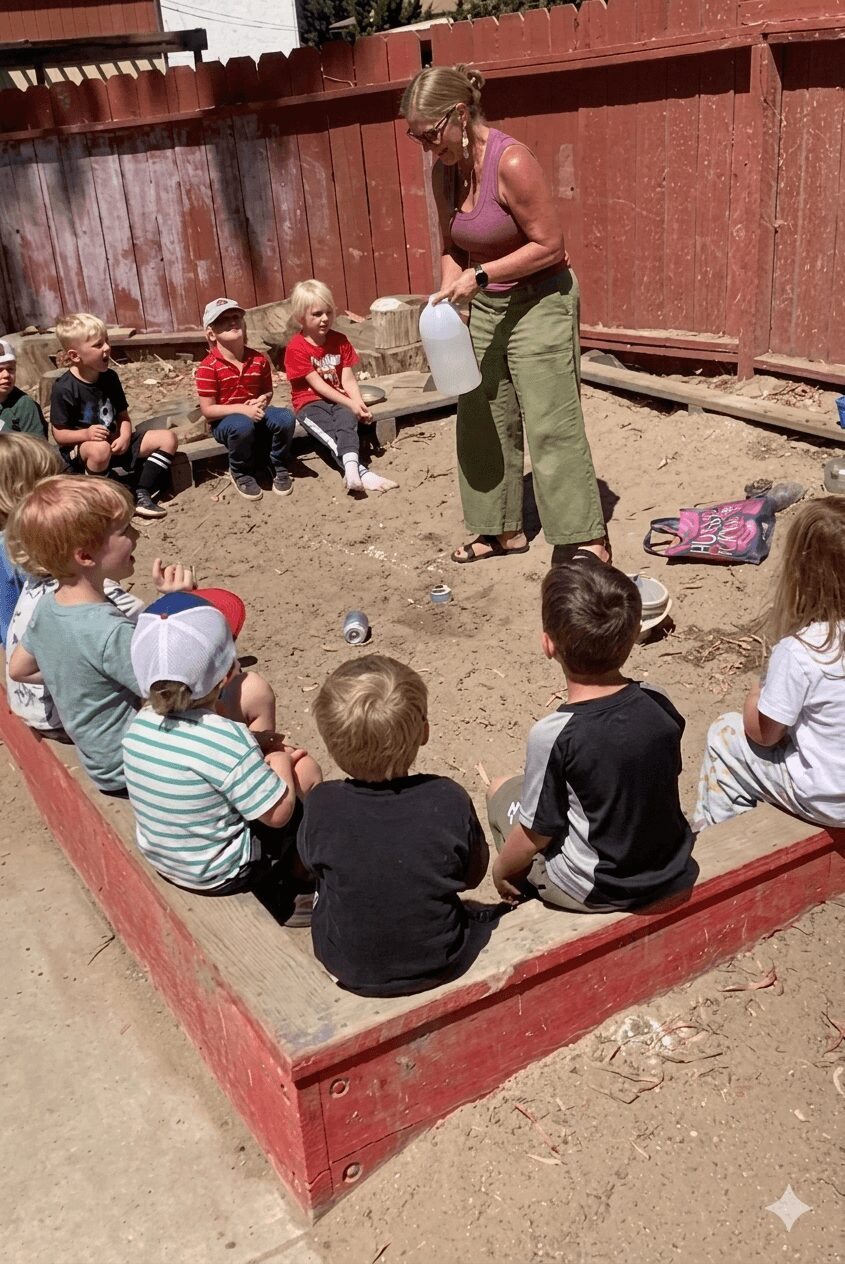 Woman standing inside a sandbox with children sitting around her, outdoors with a red fence in the background.