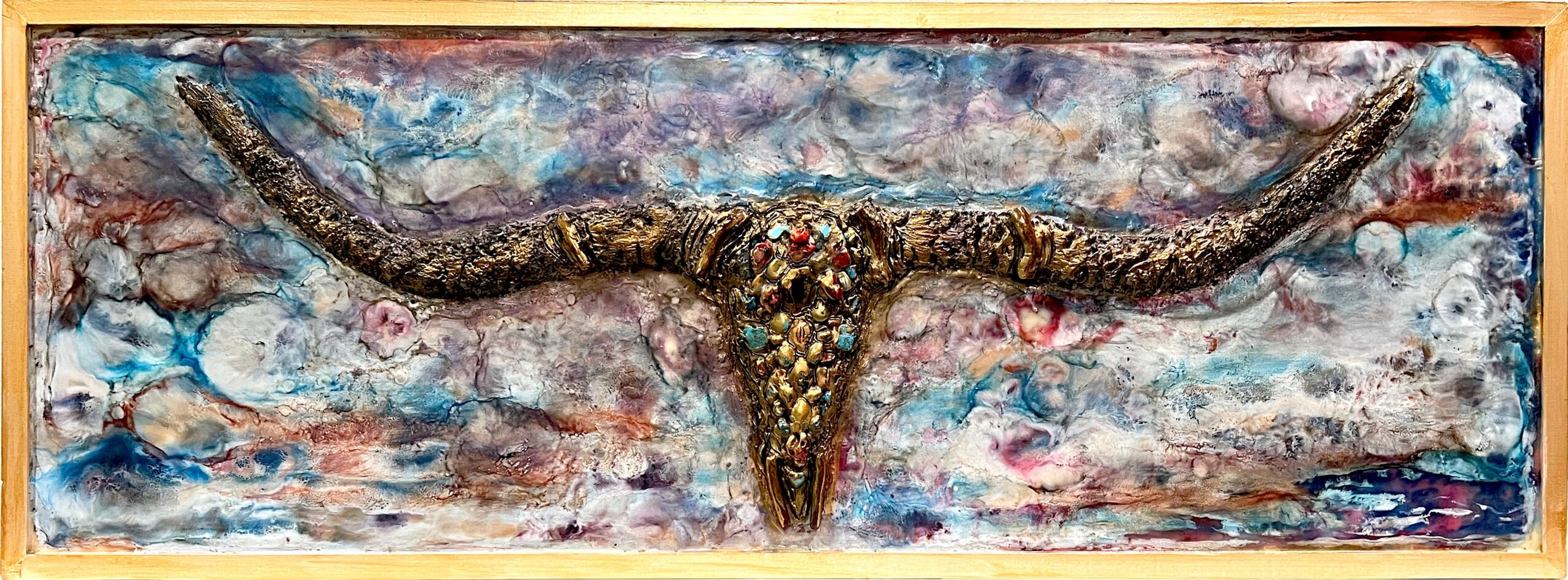 Painting of a longhorn steer skull with horns extending horizontally, set against a cloudy, colorful background.