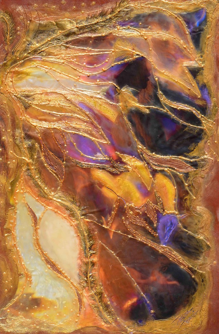 Abstract painting with gold, purple, and orange colors, featuring flowing lines and textured details.