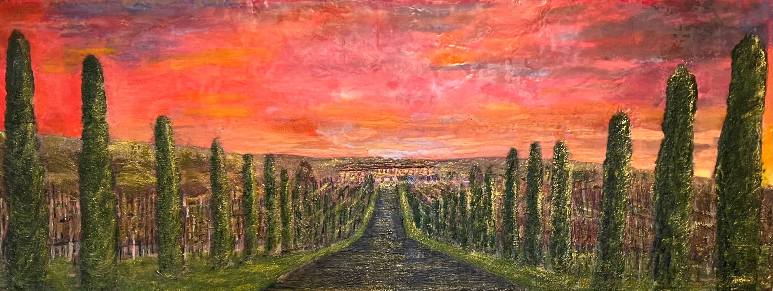 Vineyard with rows of grapevines under a colorful sunset sky, with a dirt path in the center.
