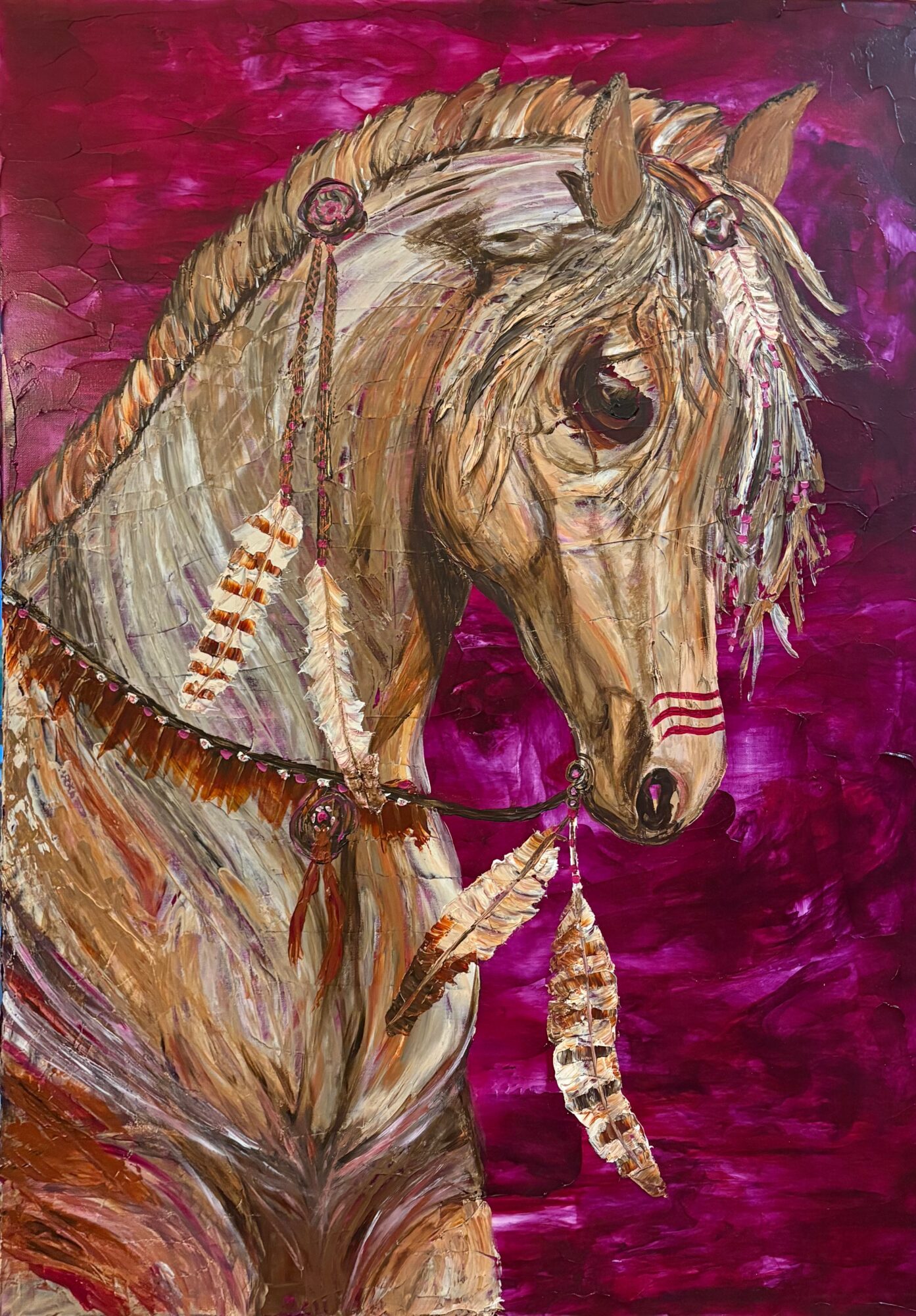 A detailed painting of a horse with a colorful background, showing the horse's head and neck with a bridle.