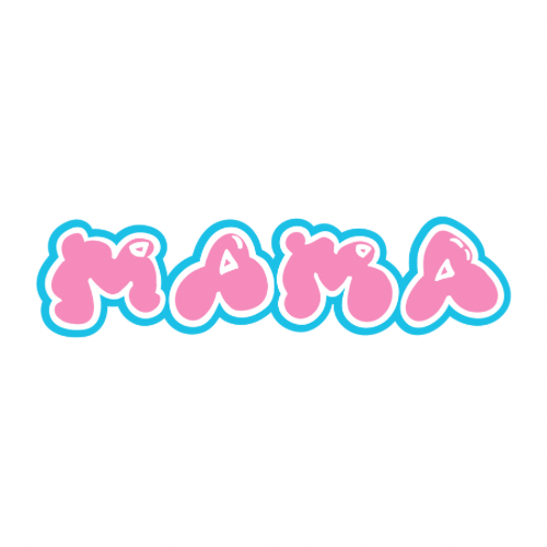 Colorful text spelling 'MAMA' with pink letters and blue outline on white background.