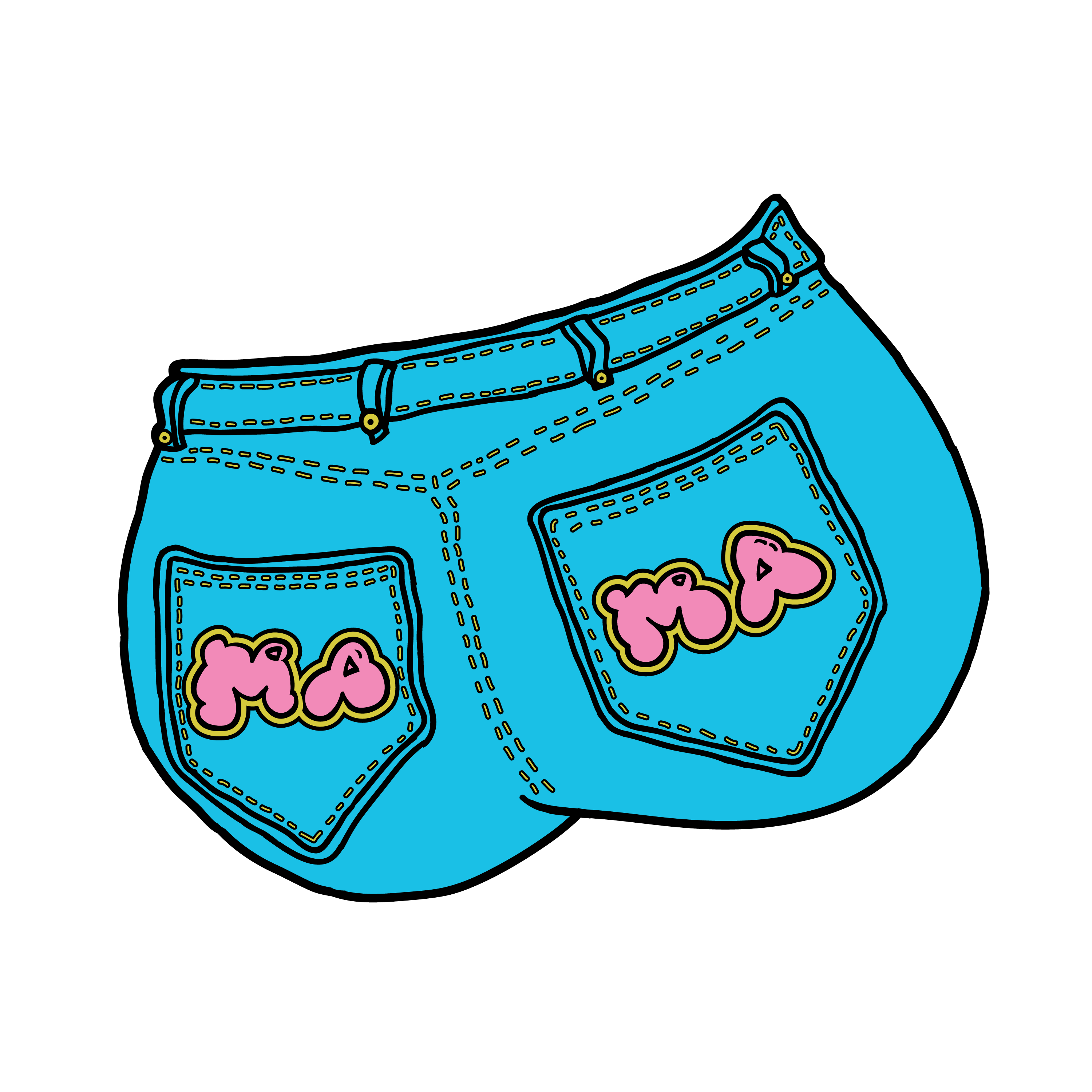 Back view of blue jeans with pink and yellow embroidered letters on pockets, against a black background.
