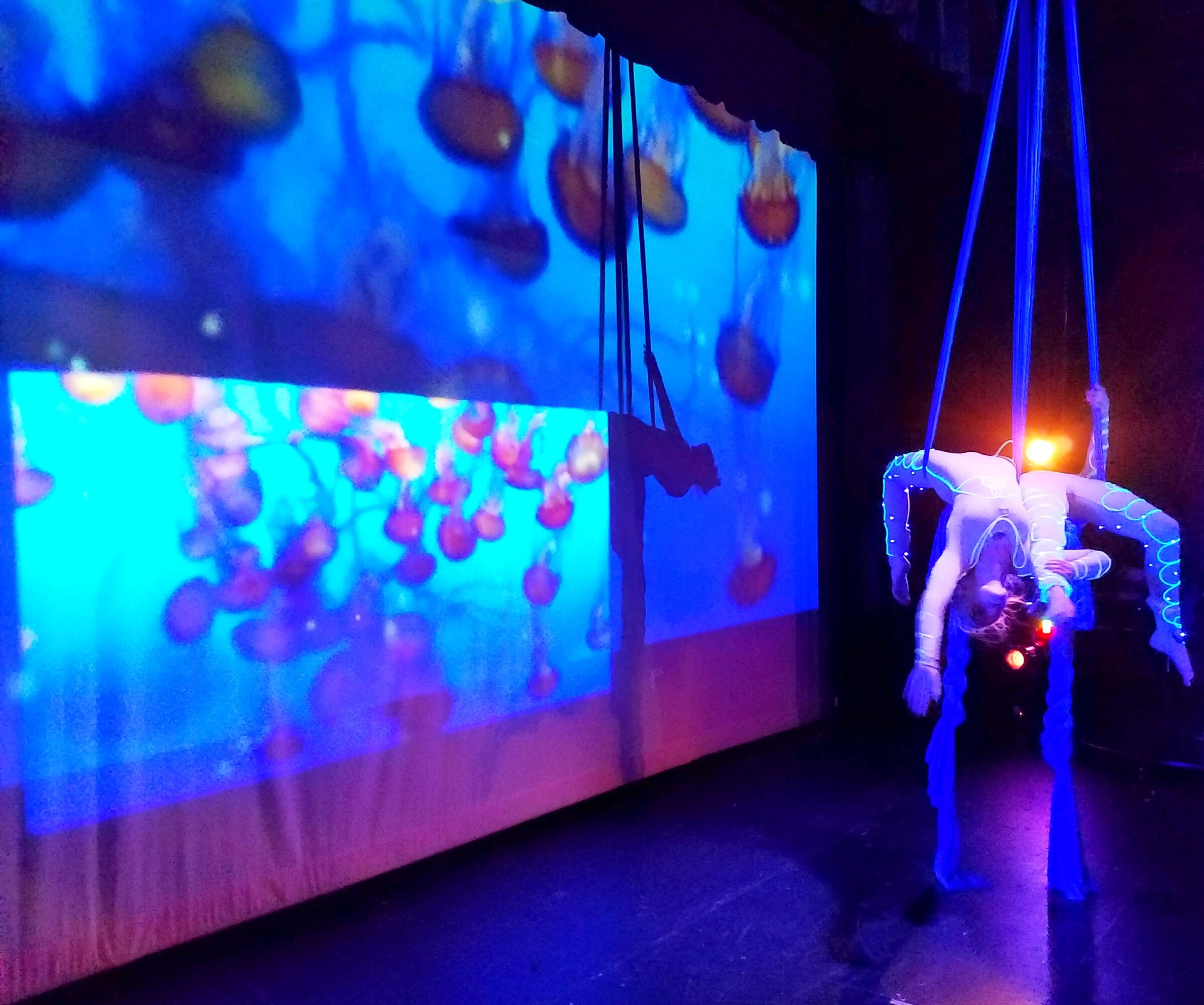 Stage with blue lighting, hanging objects, and a person on a swing-like structure, in a dark theater setting.