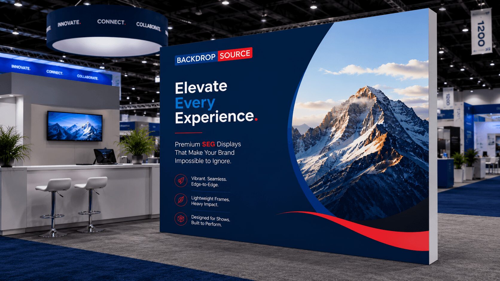 Exhibition booth with a mountain image and text about elevating experiences, featuring a blue background and a curved red line.