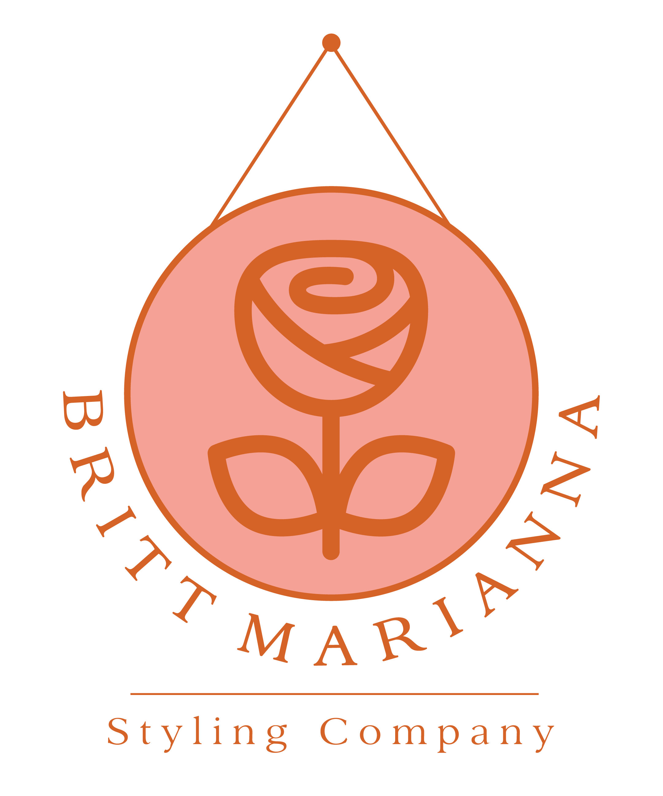 Logo with a hanging circular emblem featuring a stylized flower and the text 'BRITT MARIANA Styling Company' below.