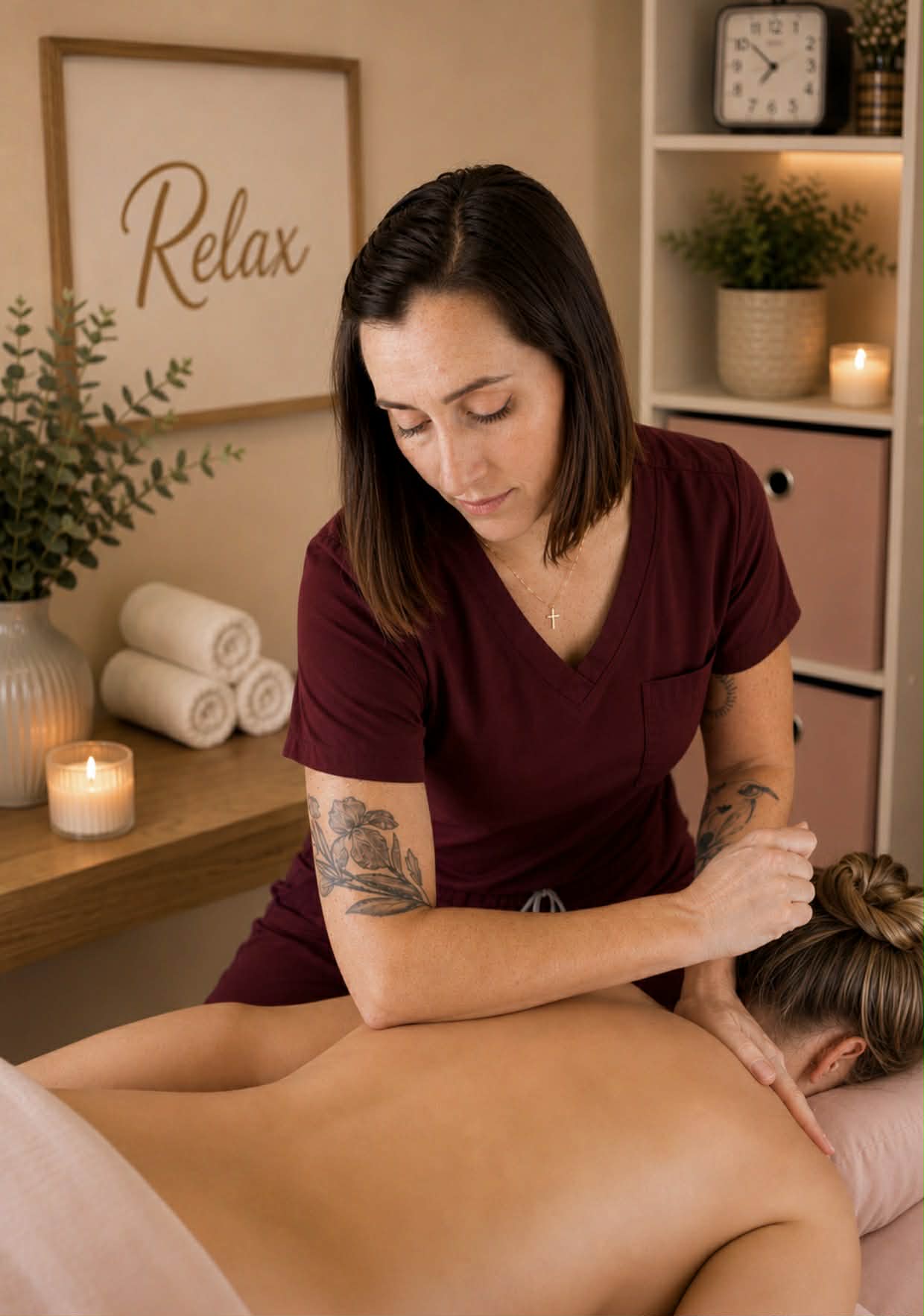 Woman giving a massage to a person lying face down, in a cozy room with candles and plants.