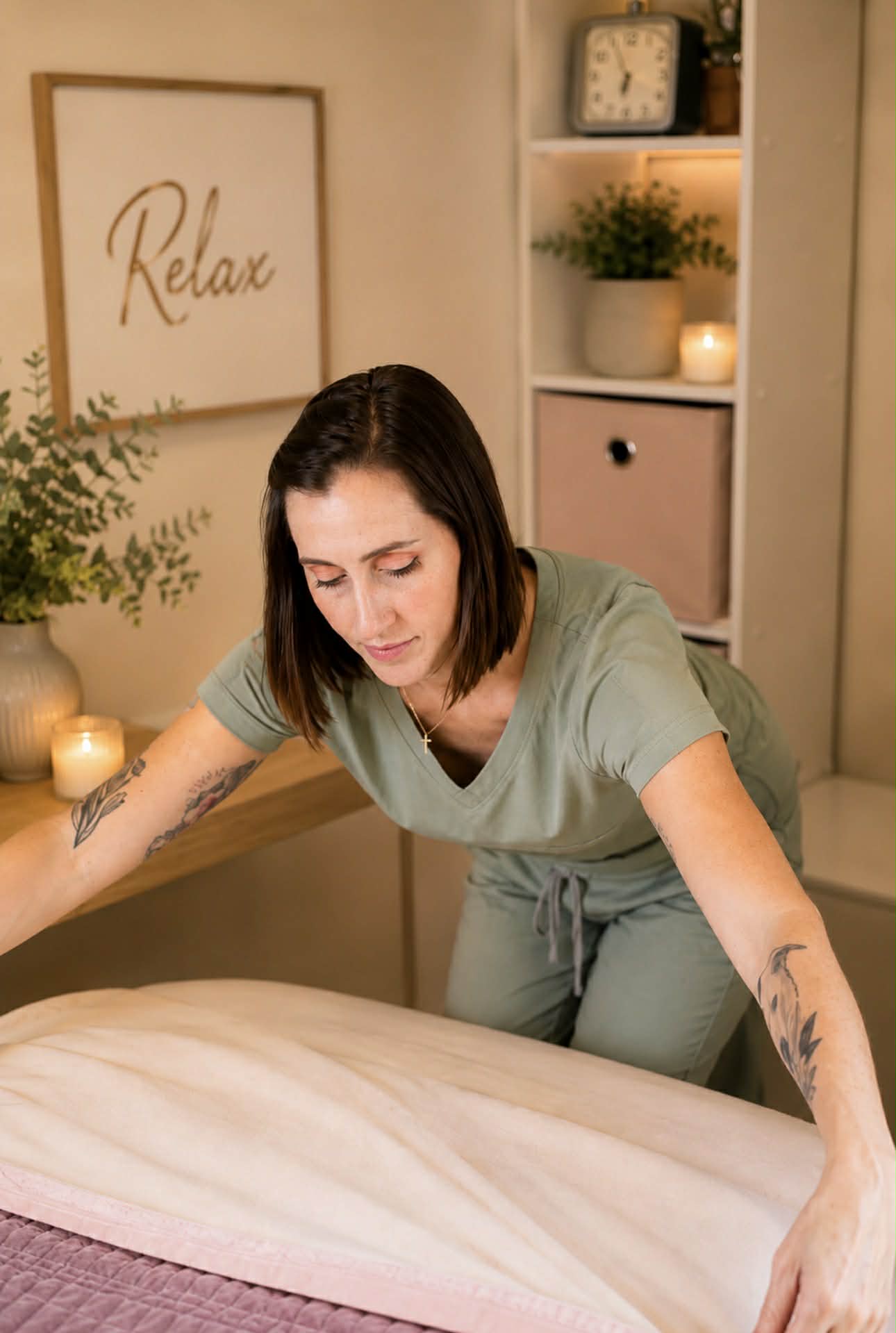 Woman leaning over a bed in a relaxing room with candles, plants, and a framed 'Relax' sign on the wall.