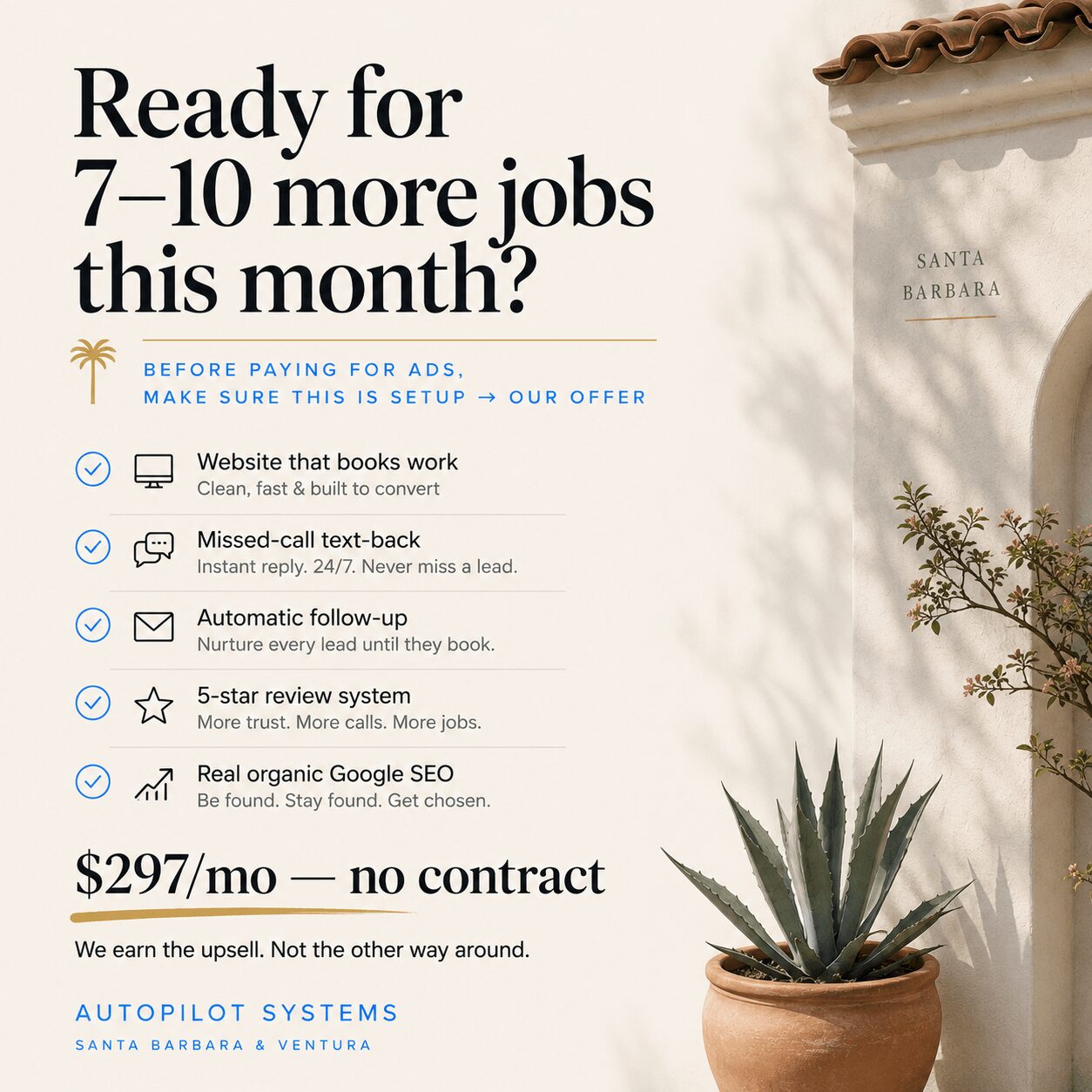 Advertisement for job opportunities with features like SEO, follow-up, and reviews, showing a potted plant and part of a building exterior.