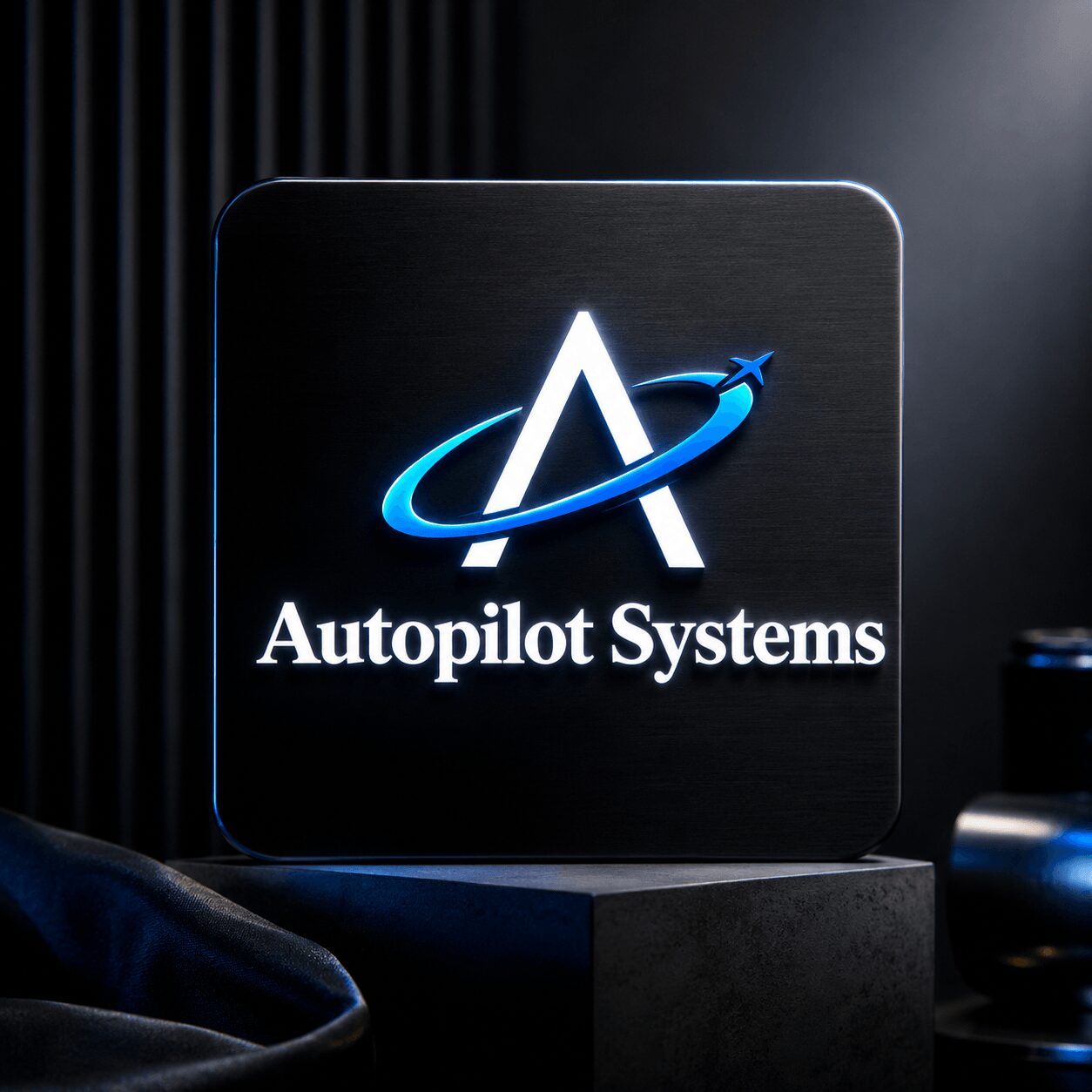 Backlit sign with logo and text reading 'Autopilot Systems' on a dark background.