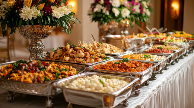 Buffet table with various dishes and floral arrangements in the background.