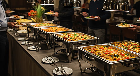 Buffet table with chafing dishes filled with food, people serving themselves, and plates ready for eating.