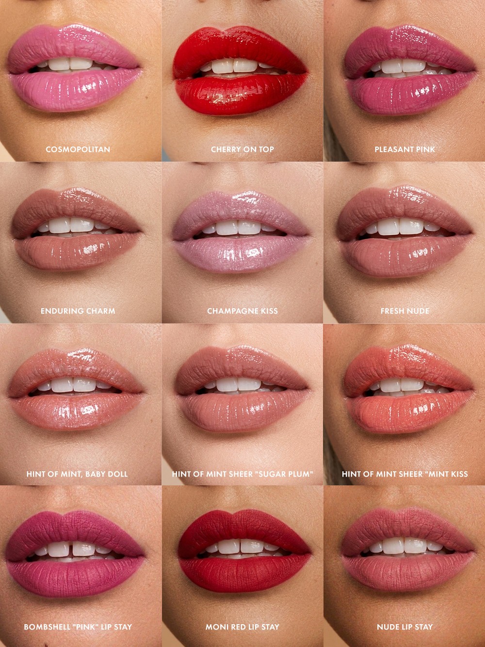 Close-up of twelve different lipstick shades on lips, arranged in a grid, with various pinks, reds, and browns.