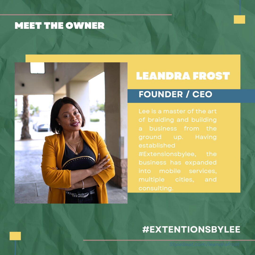 Woman in yellow blazer standing indoors with sunlight, text about Leandra Frost, founder and CEO, on a green background.