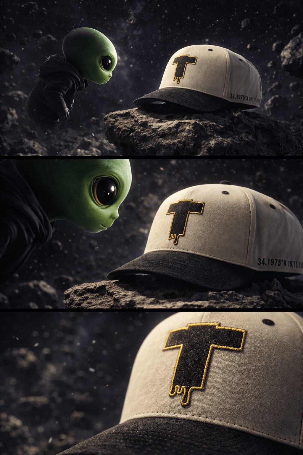 Alien and baseball cap with a large letter T on a rocky surface in space, three close-up shots.