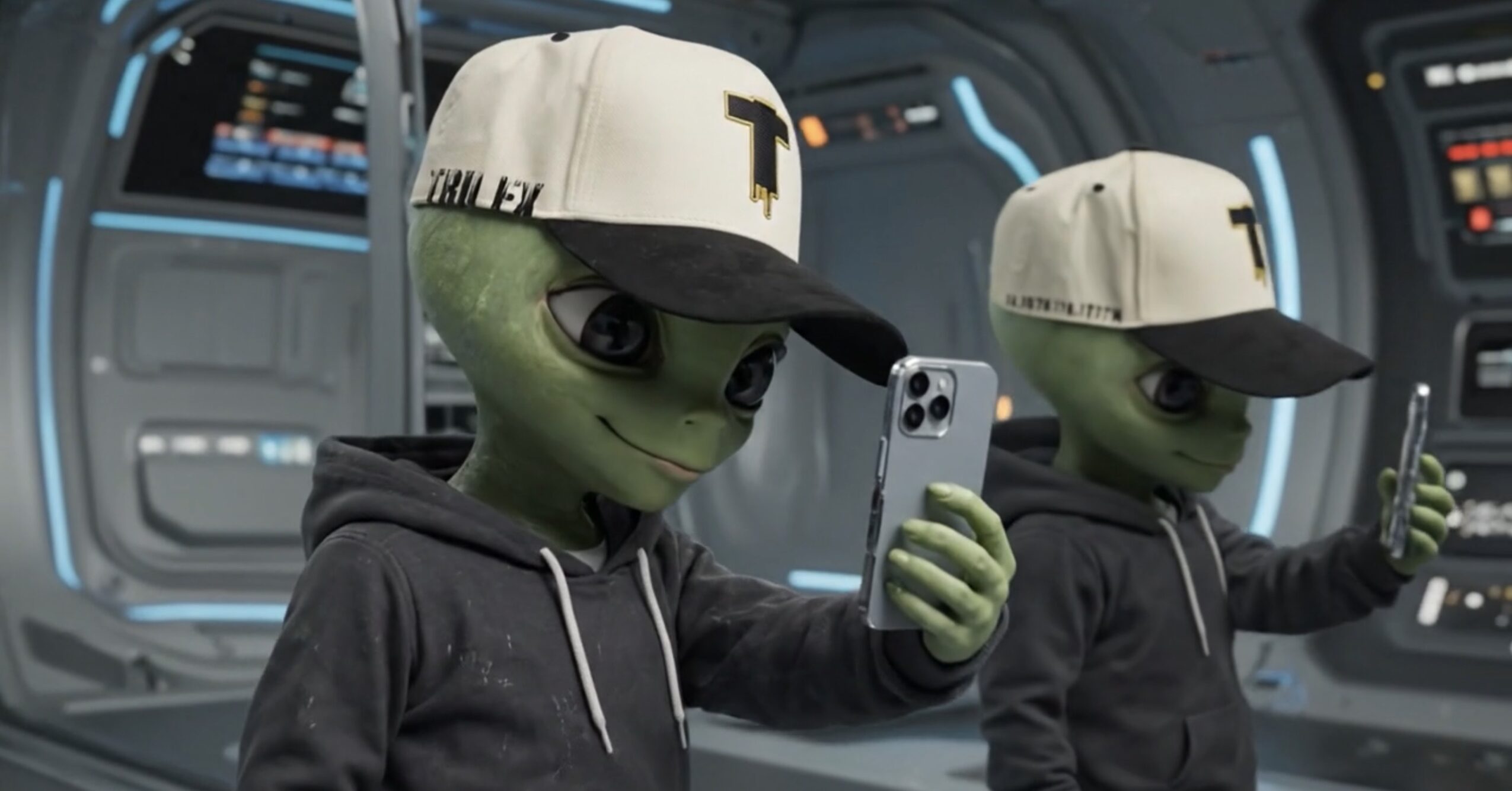 Two animated aliens wearing caps and hoodies, taking selfies inside a spaceship interior.