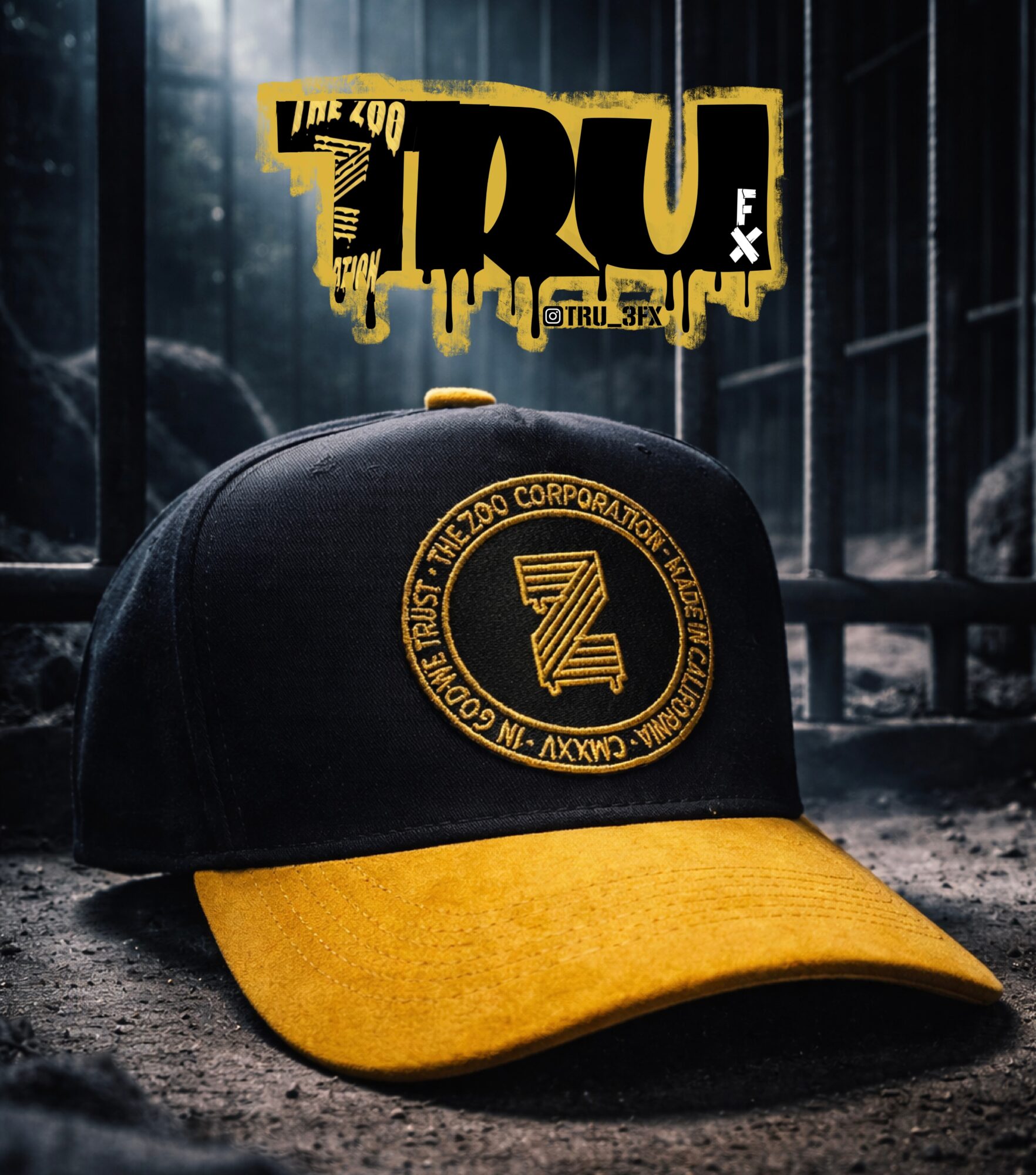 Black and yellow baseball cap with logo, in front of a cage with trees outside, and a graphic with text above.
