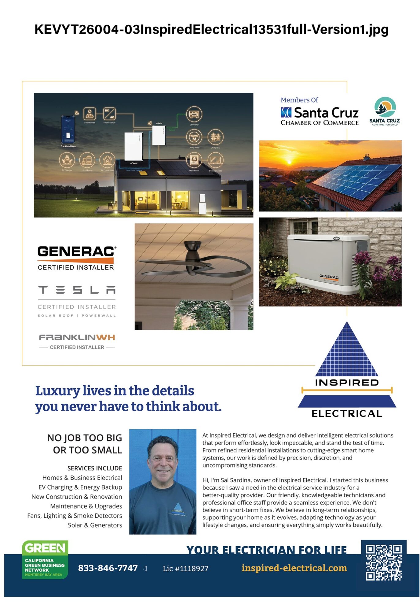 Brochure with images of solar panels, electrical equipment, and a person, promoting electrical services and solutions.