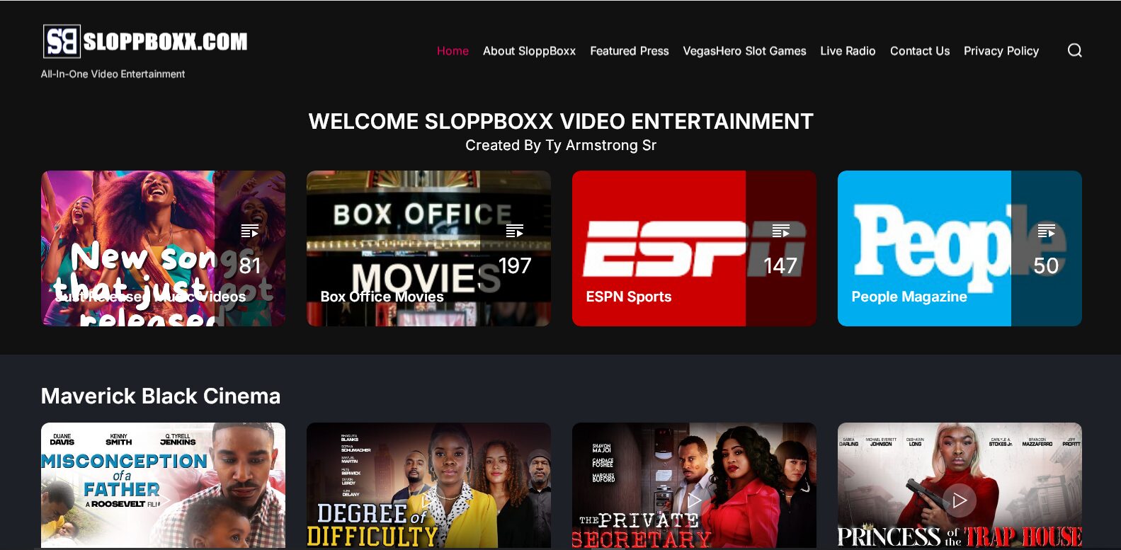 Screenshot of a website homepage with sections for videos, movies, sports, and magazines, featuring various images and text.
