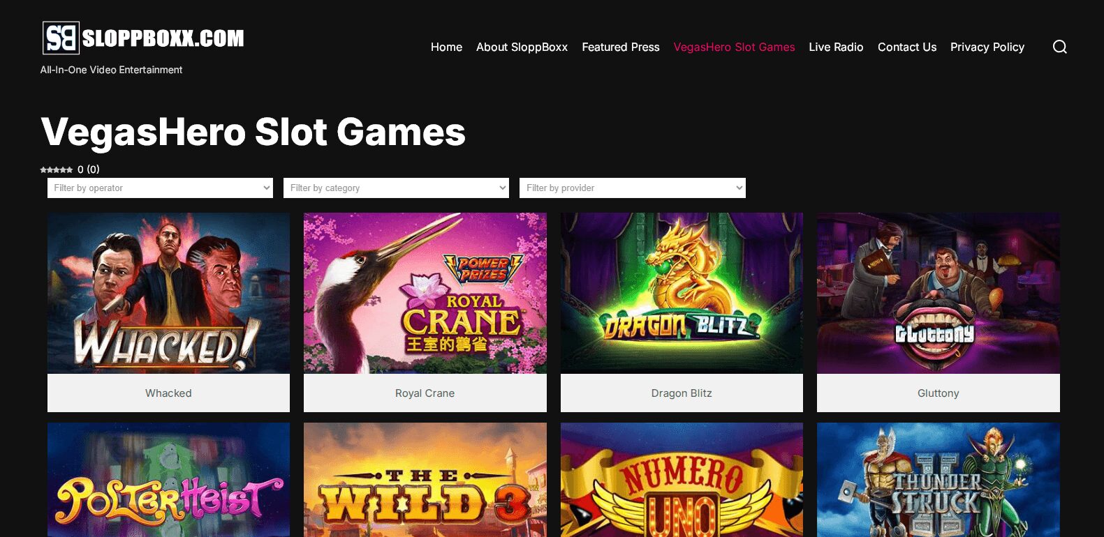 Screenshot of VegasHero Slot Games webpage showing five game thumbnails with titles and images.