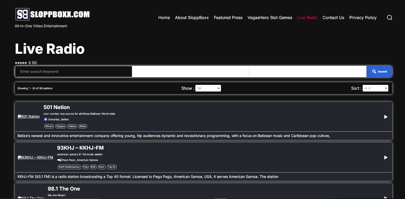 Screenshot of a website showing live radio stations with a black background and white text.