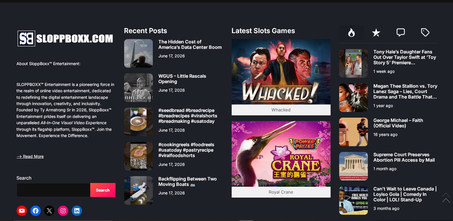 Screenshot of a website with recent posts, latest game slots, and various game thumbnails, with a dark background.