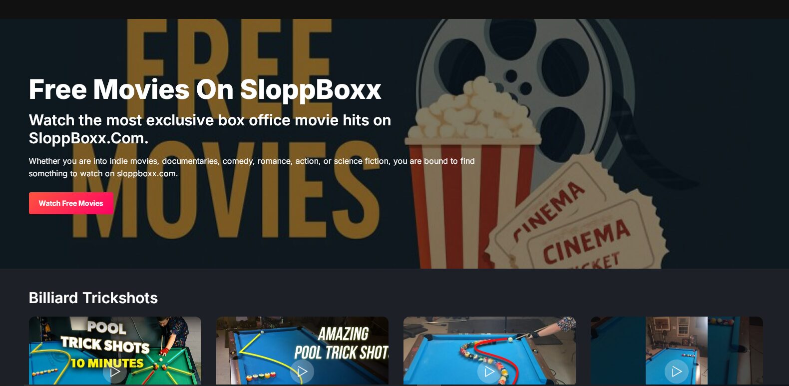 Website banner advertising free movies on SloppBoxx with popcorn and film reel images, dark background, text overlay.