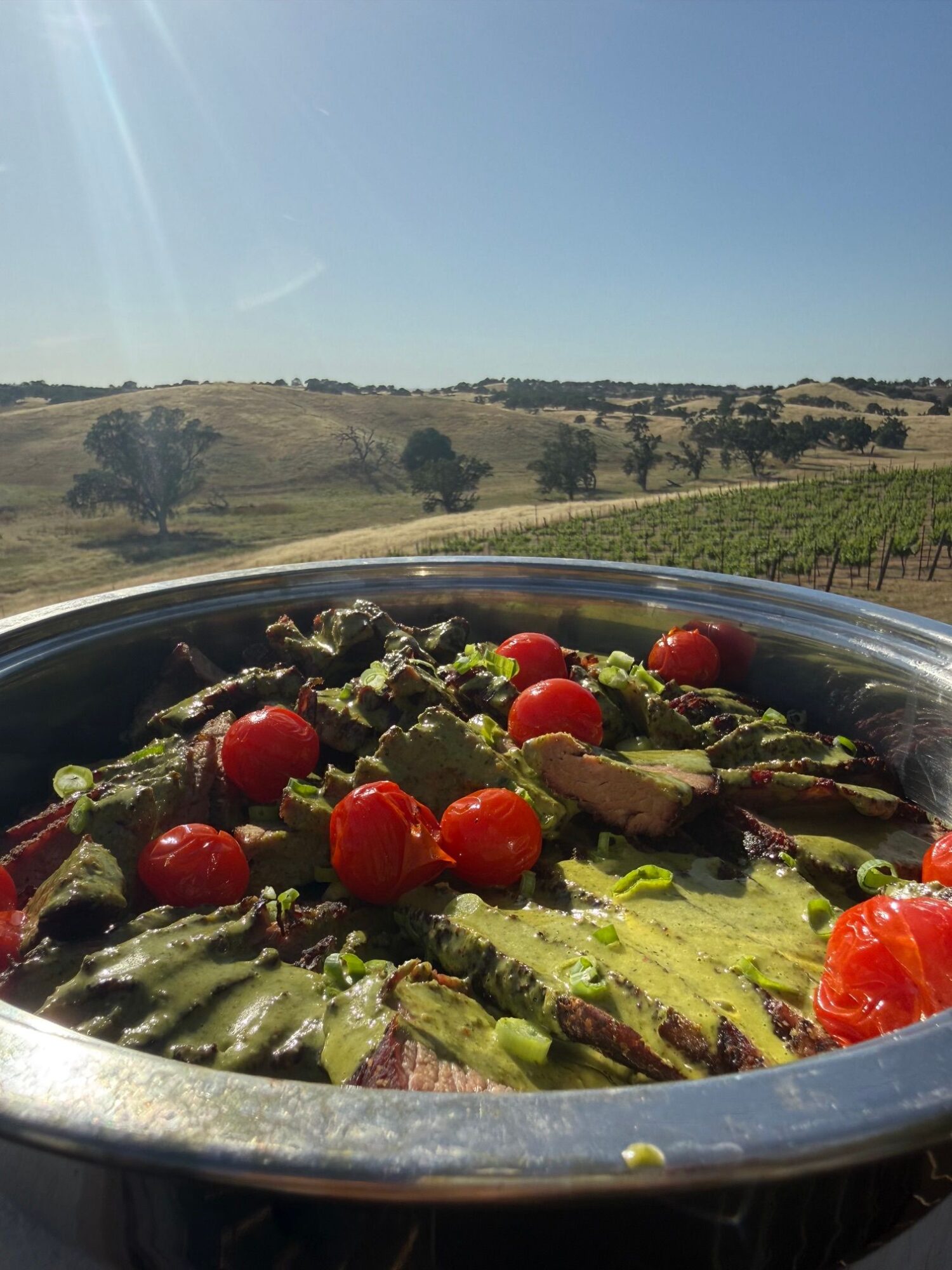 Salad with cherry tomatoes, lettuce, and other vegetables in a bowl, outdoors with a landscape background.