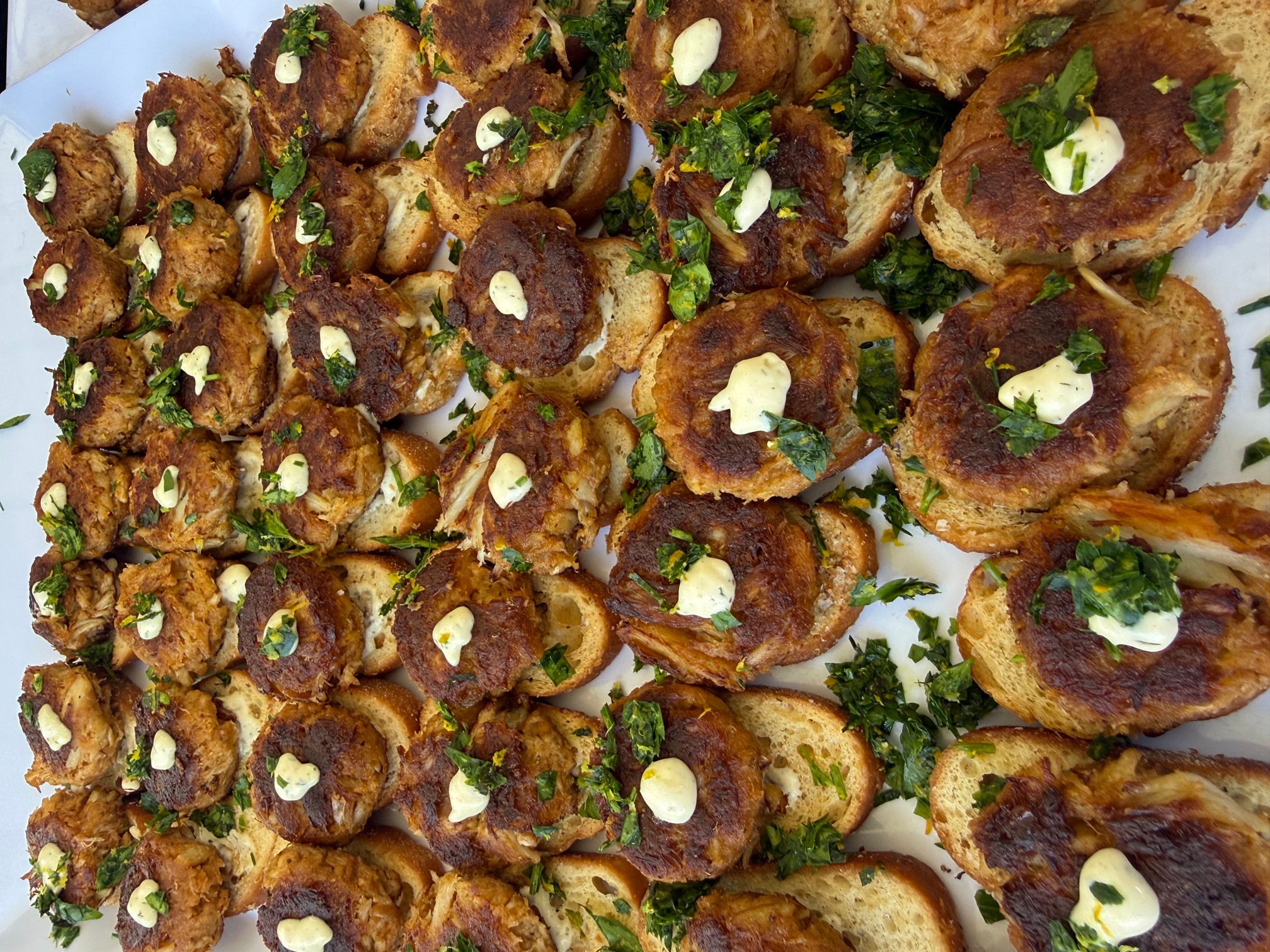 Fried food topped with garlic, green herbs, and sauce, arranged on a white plate.