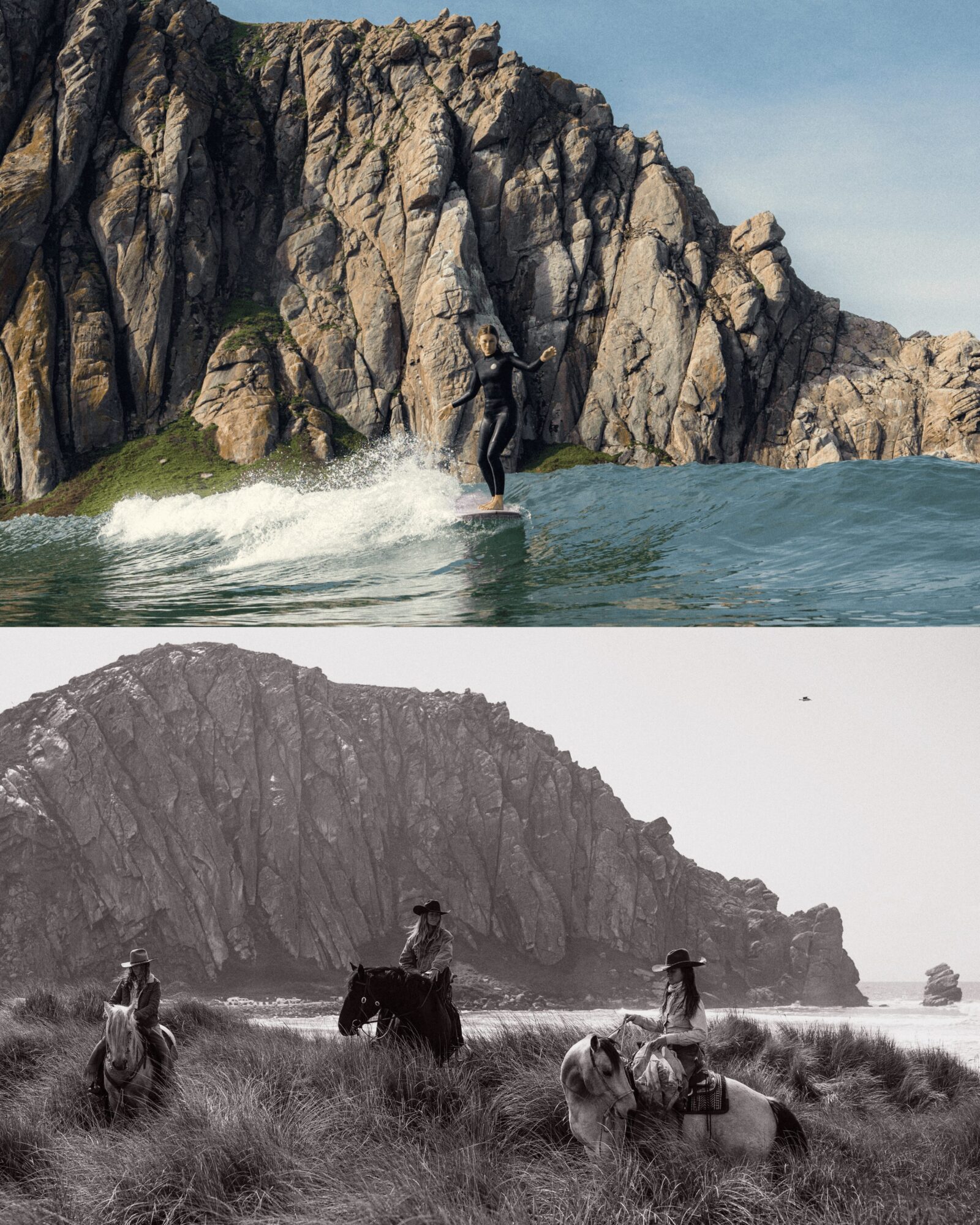 Person surfing near rocky cliffs, waves crashing, clear sky; group of people riding horses on beach, cliffs in background.