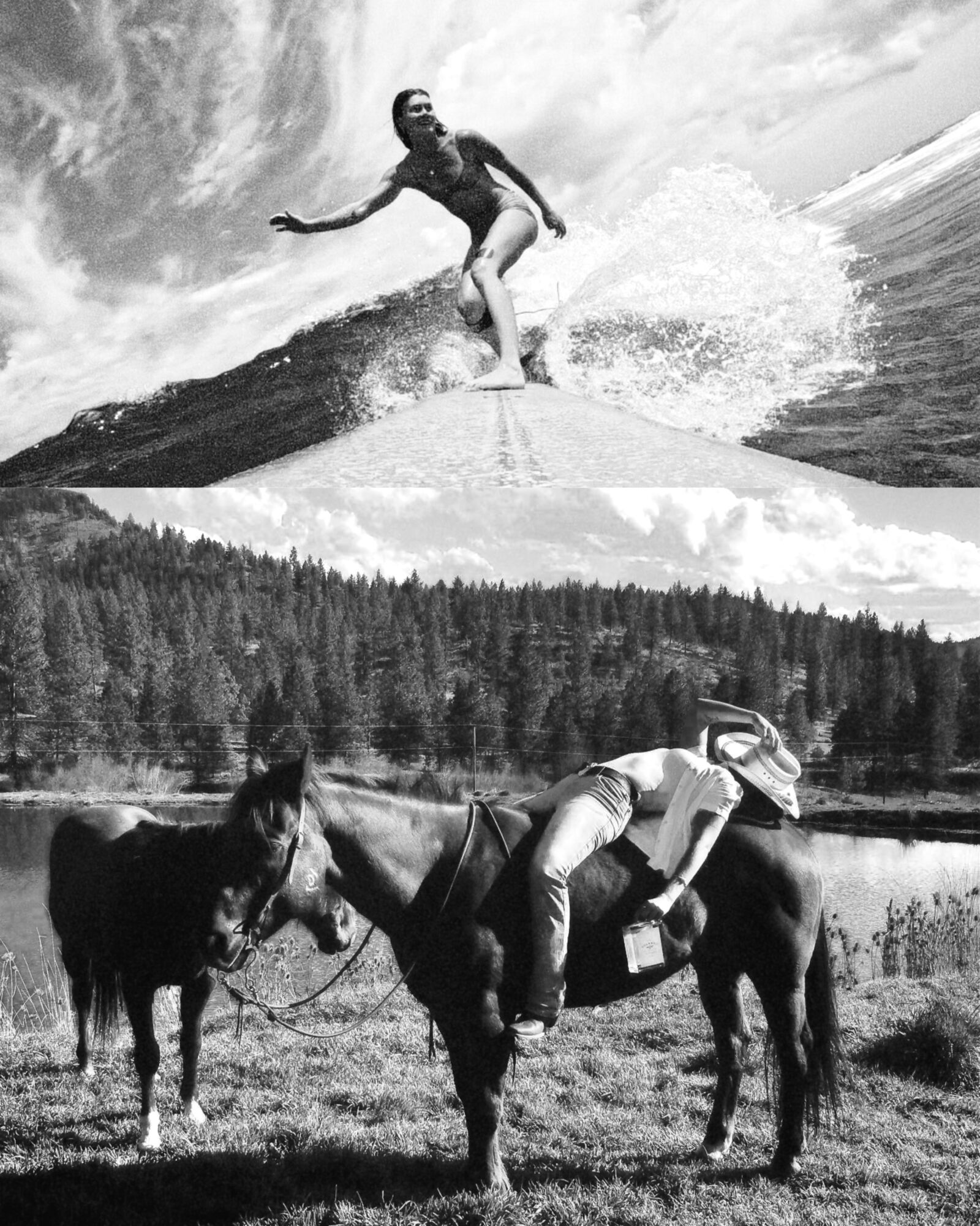 Person surfing on a wave, water splashing, sky with clouds; person and horse with rider near a lake, forest background.