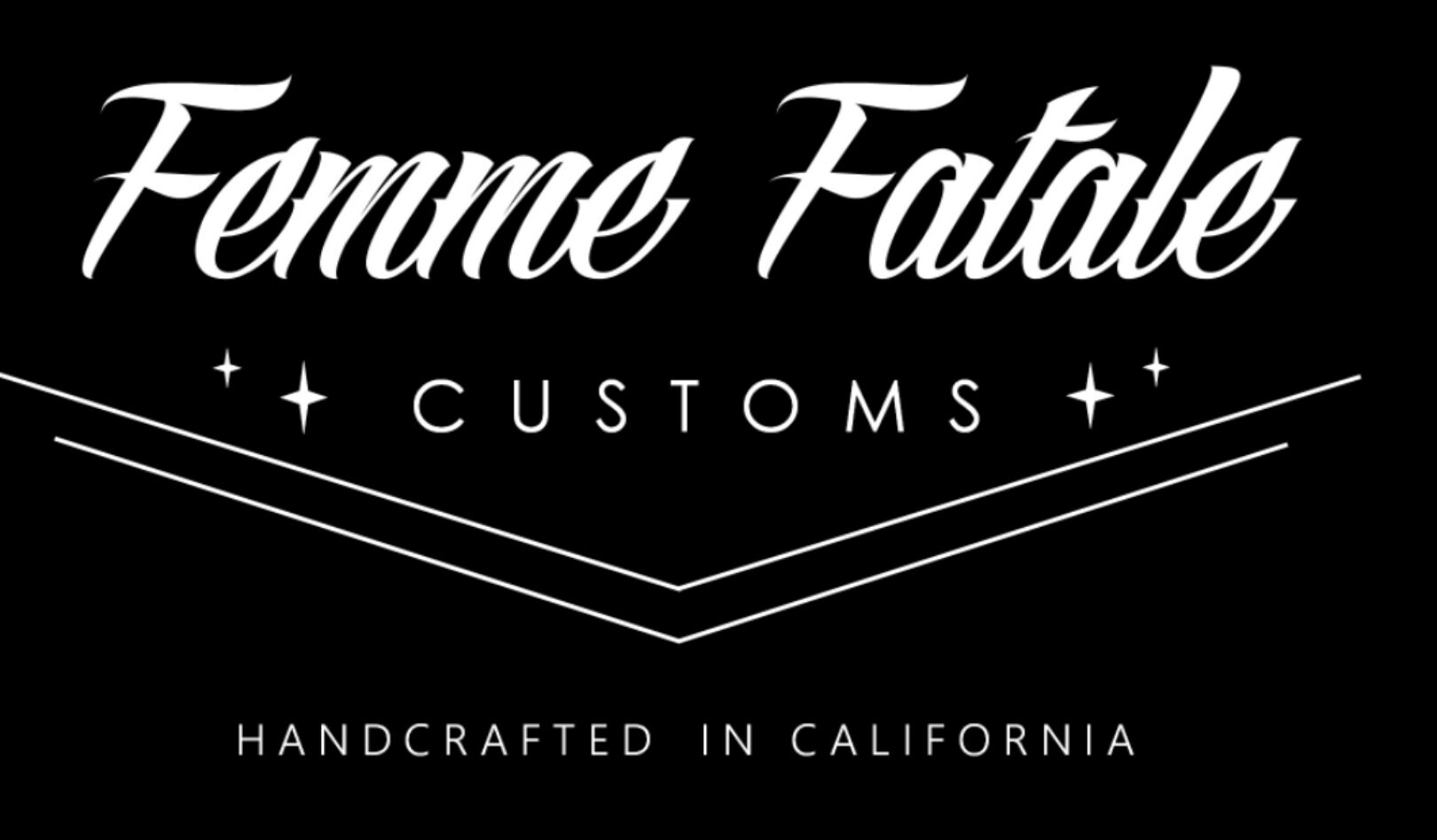 Femme Fatale Customs logo with stylized text and geometric design, on black background.