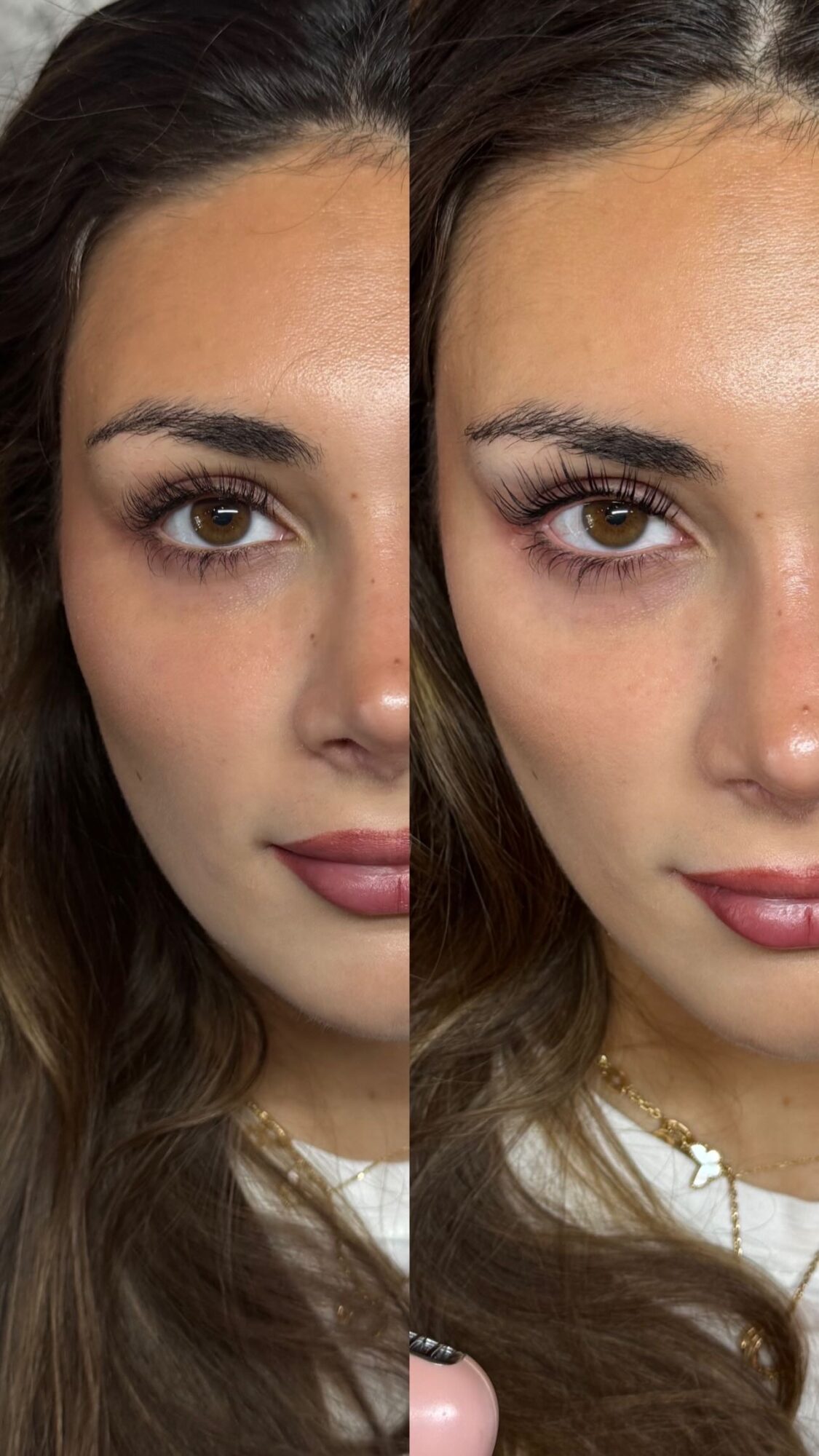 Split image of a woman's face showing before and after makeup application, with clear skin and styled hair.