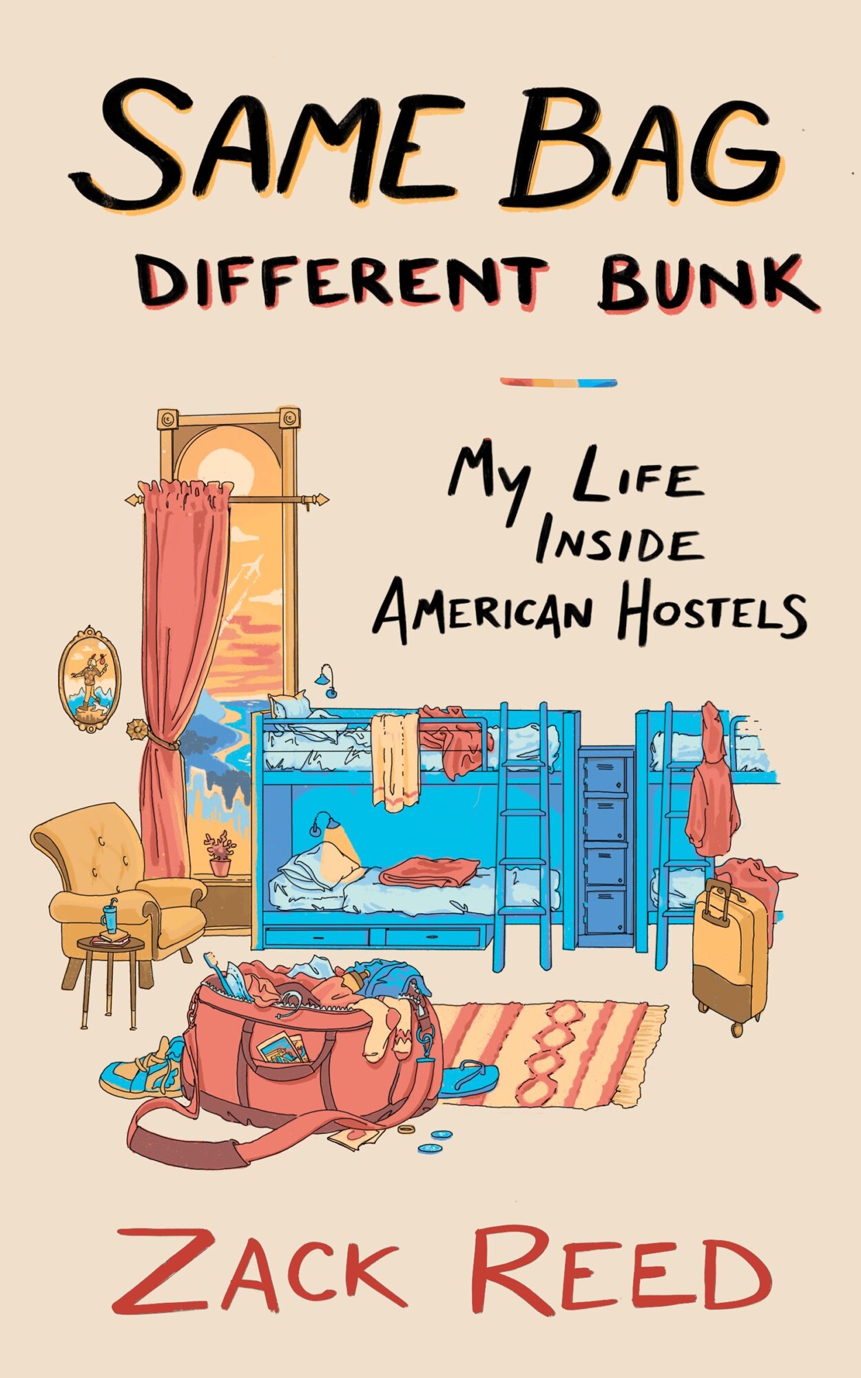 Illustration of a dorm room with bunk beds, a chair, and a bag, with text about different dorm experiences.